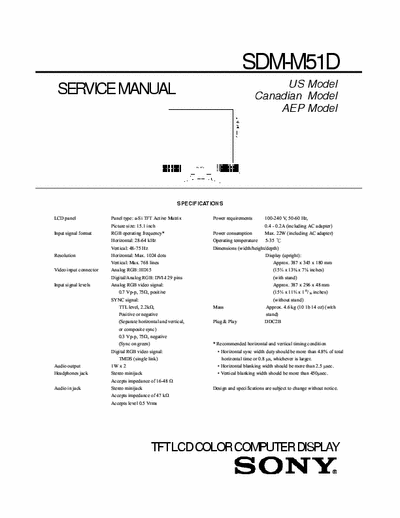 Sony SDM-M51D TFT LCD COLOR COMPUTER DISPLAY SDM-M51D Service Manual